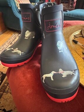 Joules Navy Rain Boots with Red Soles and Dog Print